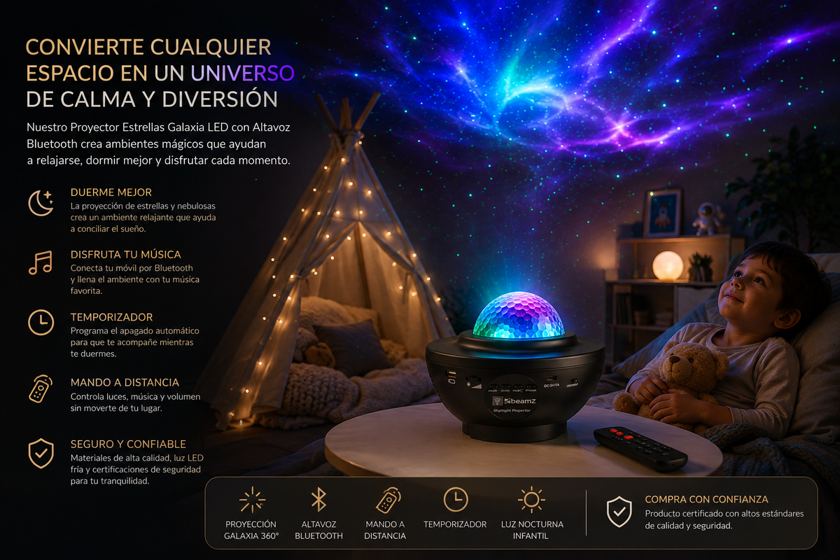Proyector Estrellas Galaxia LED con Altavoz Bluetooth, Mando a Distancia, Temporizador y Luz Nocturna Infantil