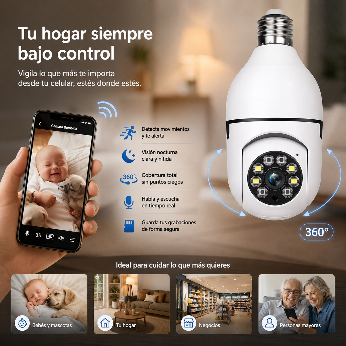 Cámara de Seguridad WiFi Tipo Bombilla 360° HD con Visión Nocturna