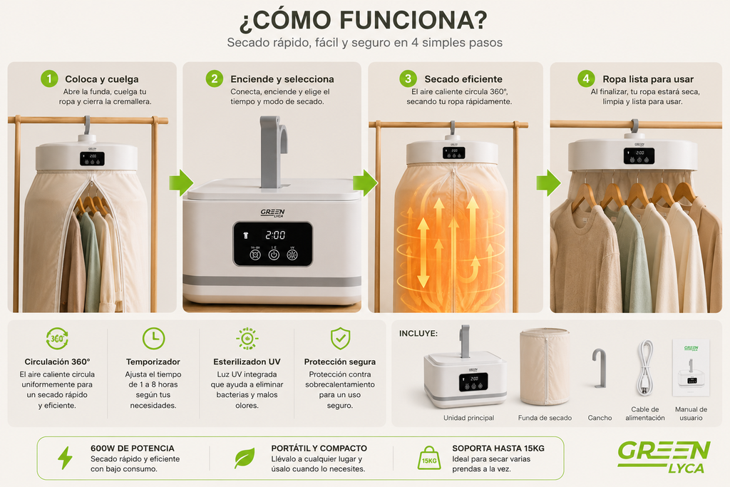 Secadora Portátil de Ropa 600W con UV y Control Inteligente
