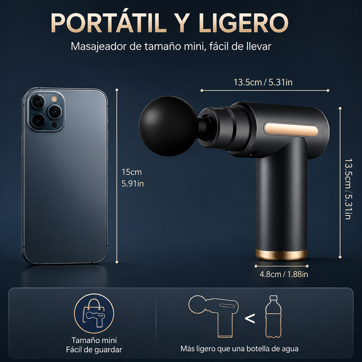 Pistola de Masaje Muscular Profesional Recargable 6 Velocidades, 4 Cabezales, Alivio Muscular