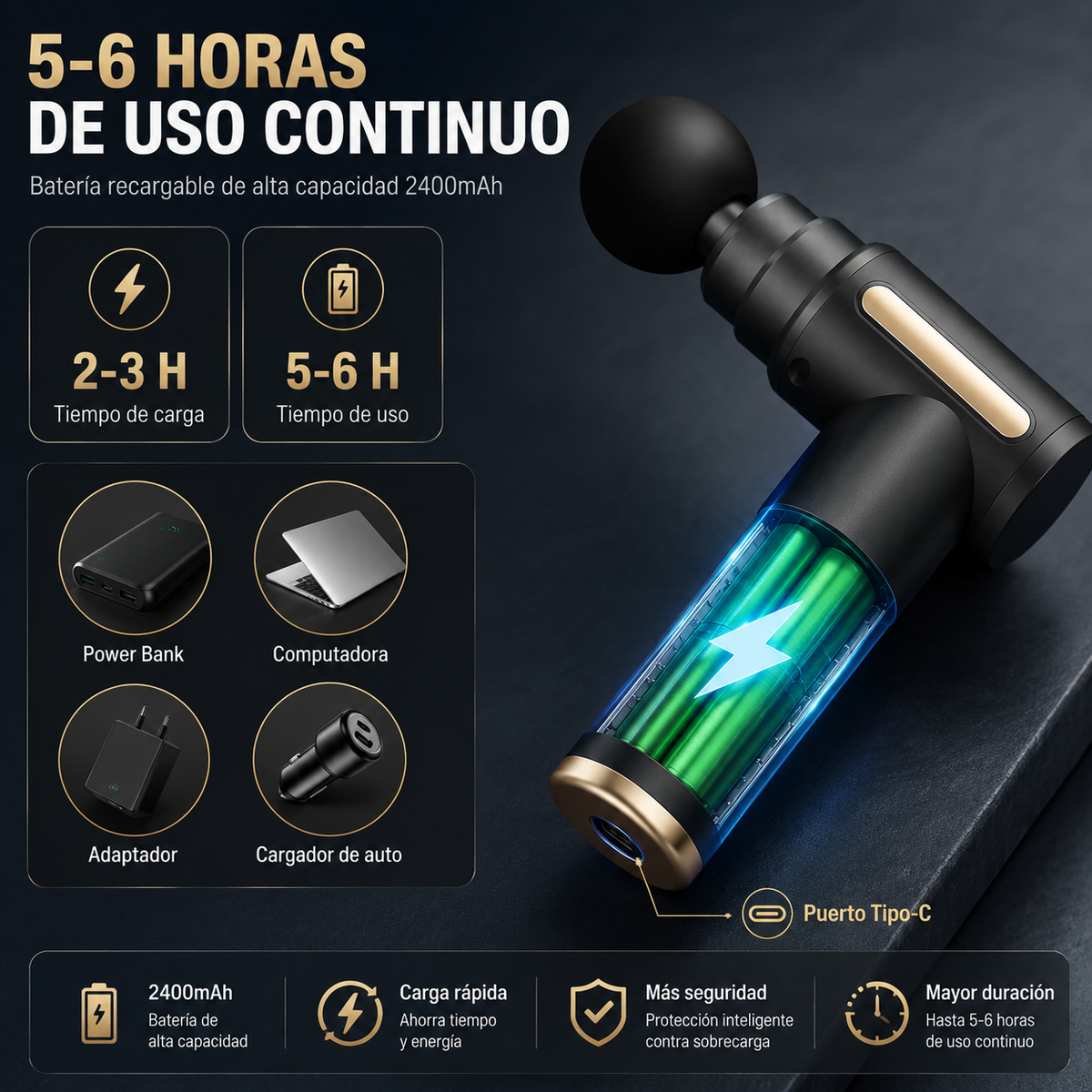 Pistola de Masaje Muscular Profesional Recargable 6 Velocidades, 4 Cabezales, Alivio Muscular