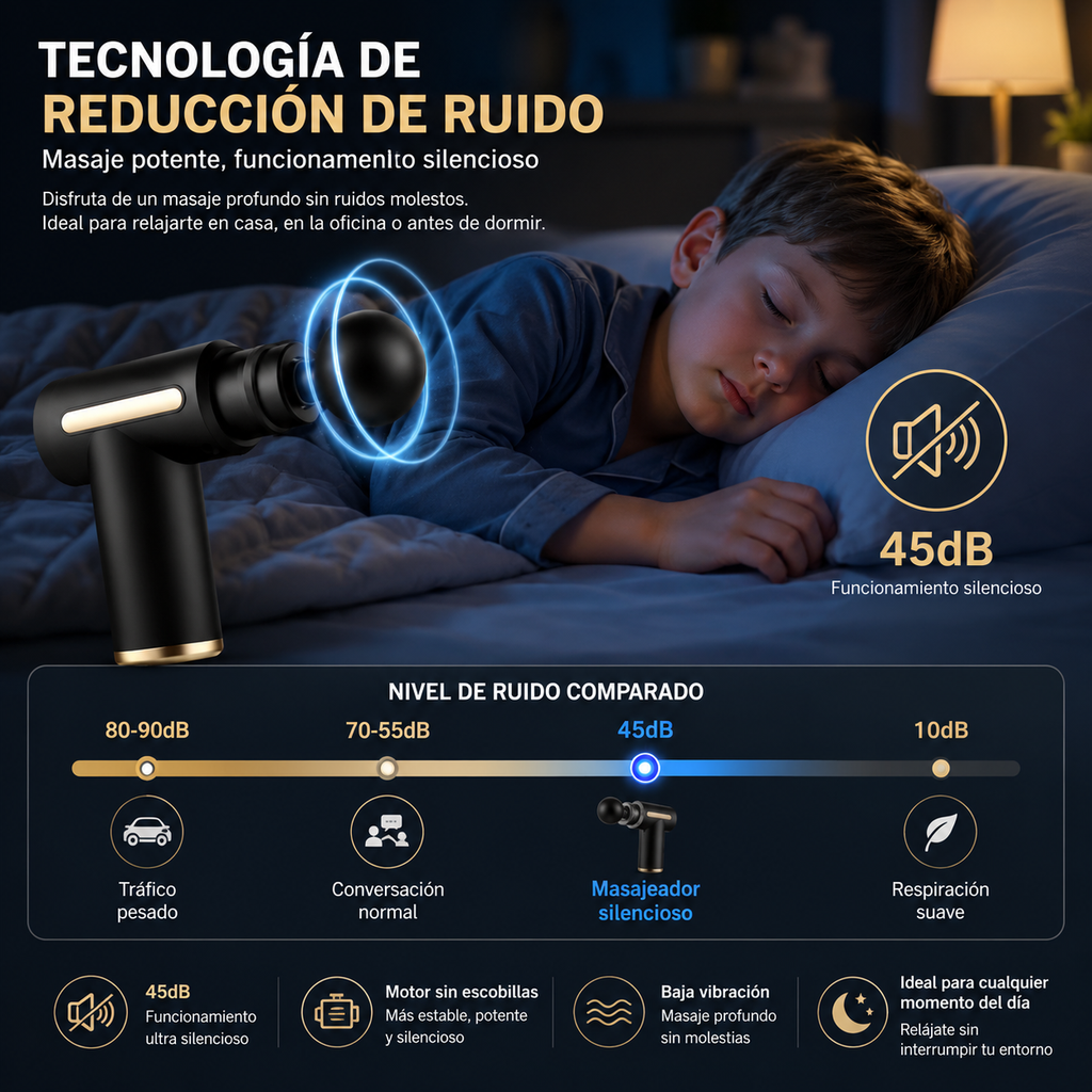 Pistola de Masaje Muscular Profesional Recargable 6 Velocidades, 4 Cabezales, Alivio Muscular
