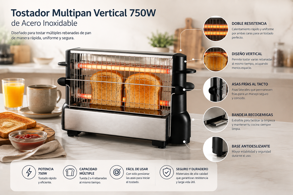 Tostador Eléctrico Multipan Acero Inoxidable 750W  Doble Área De Tostado